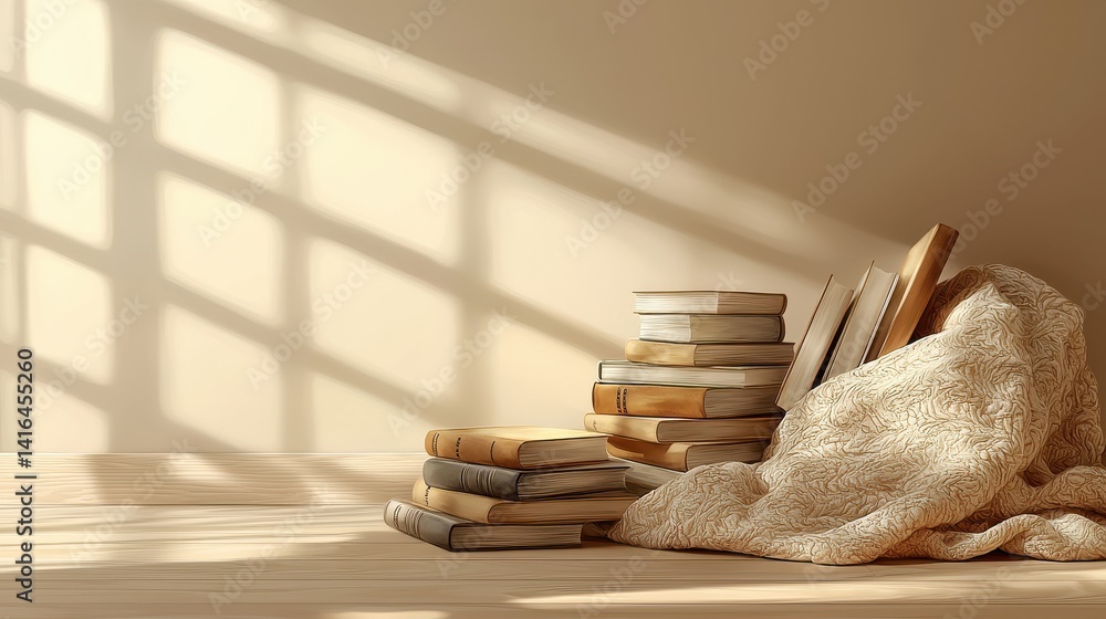 Poster cozy reading corner with dim light casting soft shadows over piled books and a blanket in a warm and