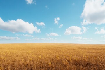 Expansive golden wheat field under a vibrant blue sky.