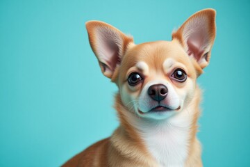 small brown and white chihuahua sitting on a blue background