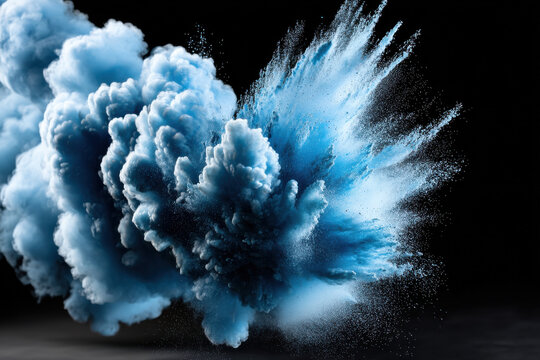 Blue powder explosion cloud on black background Launched blue dust particles splash