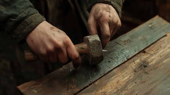 Hands grip a hammer, gently driving nails into wood on a rustic surface, capturing a moment of precise craftsmanship.