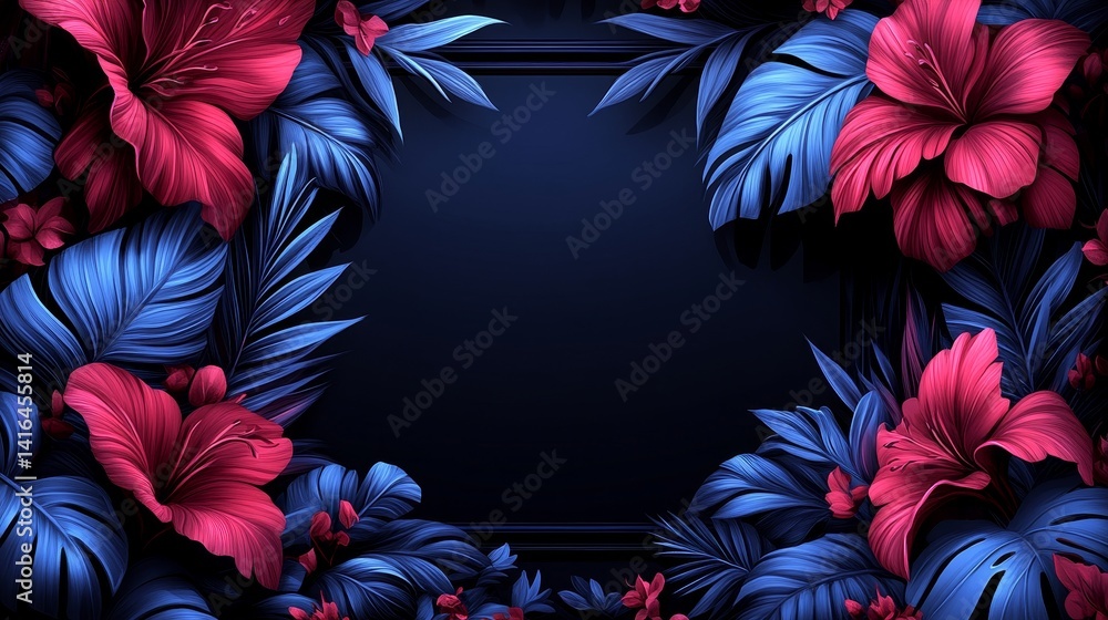Poster enigmatic floral frame with glowing crimson blooms and ethereal blue foliage creating a captivating 