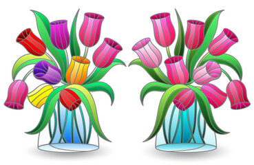 A set of stained glass illustrations with still lifes, vases with tulip flowers isolated on a white background