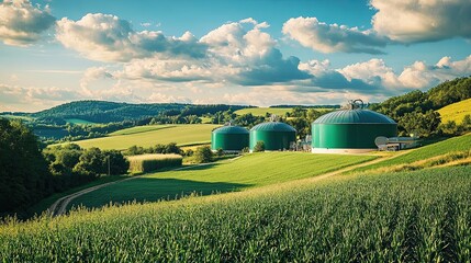 Obraz premium Rural countryside landscape featuring a biogas plant with green tanks for biofuel production.