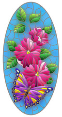 Illustration in stained glass style with a bright purple butterfly on a pink flowers, oval image on a blue background