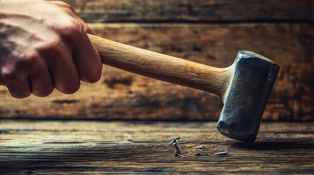 Hands grip a hammer, gently driving nails into wood on a rustic surface, capturing a moment of precise craftsmanship.
