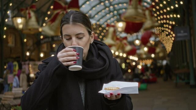 Woman enjoying a warm drink and pastry in festive covent garden london surrounded by christmas lights showcasing a cheerful holiday street scene.