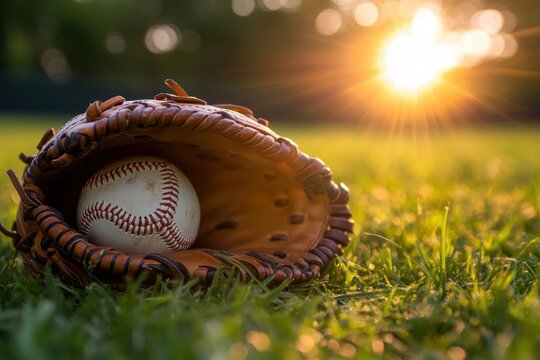Sunset glow illuminating a baseball glove and ball resting on lush green grass - Powered by Adobe