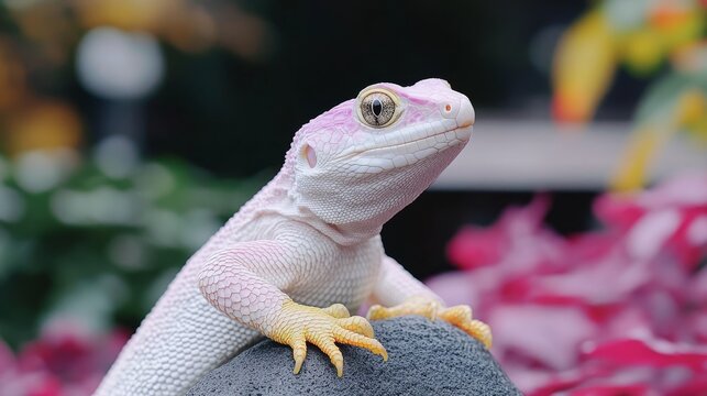 Charming albino leopard gecko basking on a rough stone among soft pink blossoms in a serene outdoor habitat captivating wildlife photography