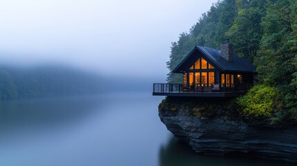 Fototapeta premium Secluded lakeside cabin misty atmosphere tranquil escape peaceful nature retreat