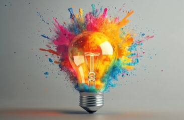 Colorful explosion of creativity emerging from a lightbulb, symbolizing innovation and fresh ideas
