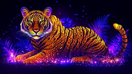 Obraz premium Glowing tiger portrait in pixel art style resting amidst ethereal neon violet and orange sparks with detailed stripes and mystical ambience creation