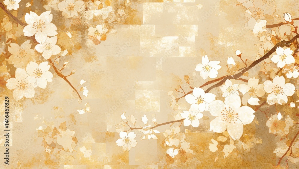 Poster abstract background of cherry blossoms on soft white with subtle textures for elegant design and art
