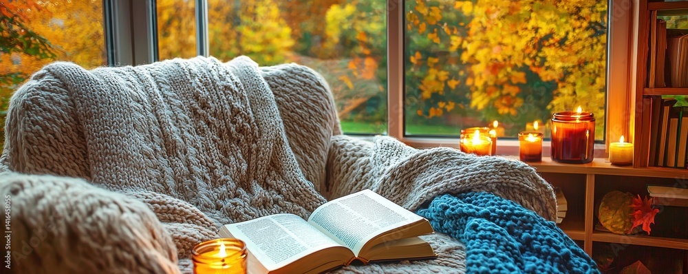 Aufkleber cozy reading nook with an open book and candles by the window overlooking autumn trees in warm light