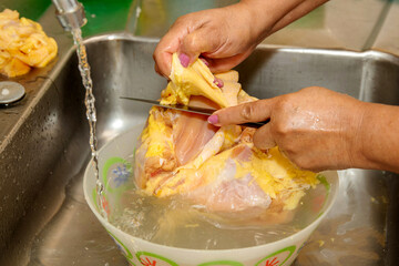 Woman cuts raw chicken into pieces and washes it under running water in the sink. Food preparation at home.