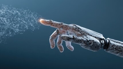 Fototapeta premium A robot hand touching the finger of an artificial intelligence, with data particles flowing between them, symbolizing machine learning and AI technology concept.