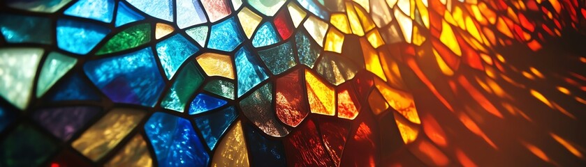Stunning stained glass shadows dance gracefully across a serene space, creating a vibrant interplay of light and color.