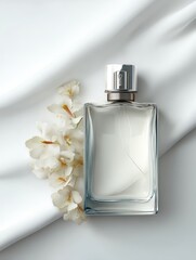 A bottle of white perfume with flowers in the background, on top of soft gray fabric.