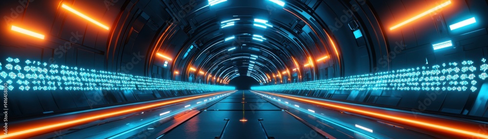 Poster futuristic 3d rendering of nucleotide sequences in a high-tech digital tunnel with neon lights and a