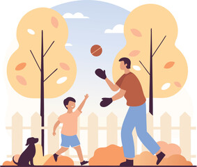 Father and Son Playing Catch in the Park with Dog — Family Outdoor Activity Illustration