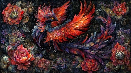 Abstract phoenix art amidst blossoming florals with fiery plumage and midnight petals adding an ethereal dimension ideal for artistic prints