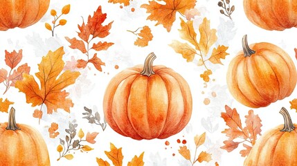 Seamless autumn watercolor pattern of beautiful pumpkins and fall foliage.