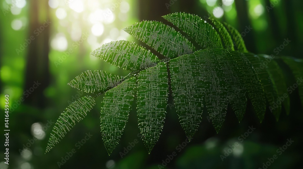 Poster intricate 3d rendering of nano scale circuits embedded in organic leaf structure for innovative natu