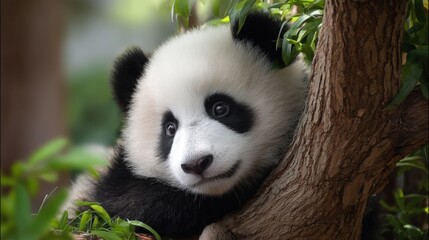 Obraz premium Cute panda cub in a tree, close-up of its face