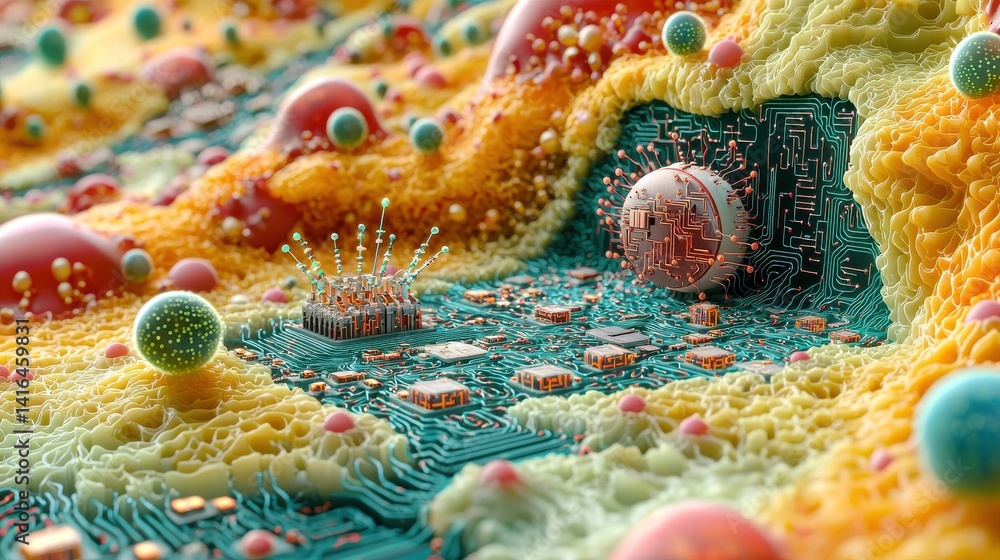 Fototapete detailed 3d rendering of nano scale circuits embedded in organic structures with vivid colors and co
