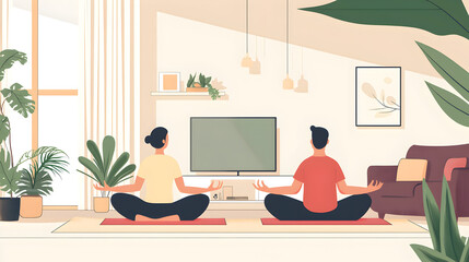 practicing yoga together in their living room, promoting mental and physical wellness as part of a balanced life 