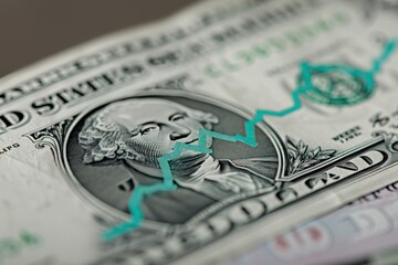 Stock Market Graph next to a 1 dollar bill (showing former president Washington). turquoise trend line indicates the stock market recession period