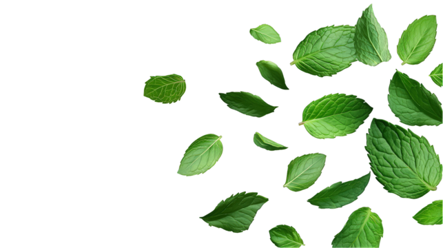 Mint leaves spread across a white backdrop symbolizing freshness and natural aesthetics for culinary, wellness, and branding projects