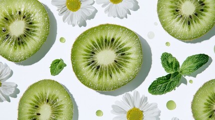 Fototapeta premium Fresh kiwi slices, daisy flowers, and mint leaves arranged on a white background