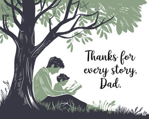 Father and Child Reading Together Outdoors — Emotional Father’s Day Illustration, Vintage Style