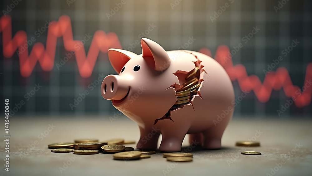 Aufkleber a piggy bank with a crack through which the coins are visible. in the background, you can see a grap