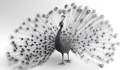 Obraz premium Elegant Peacock Displaying Tail Feathers in a Grayscale Composition