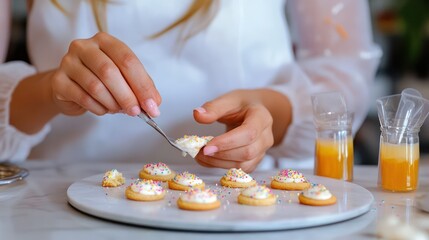 Delicate hands of a woman icing cookies with orange liqueur, surrounded by sprinkles and small icing bags, creating sweet, detailed decorations.

