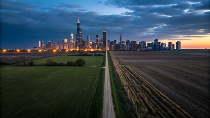Obraz premium Digital Divide Inequality dramatic contrast between modern city skyline and rural landscape at dusk