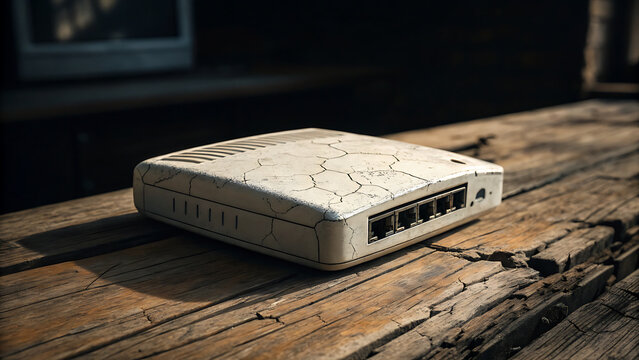 Digital Divide Inequality cracked outdated device such as old modem on wooden surface
