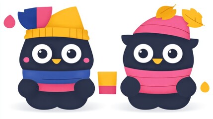 Whimsical winter animals illustration with unique textures and playful color combinations for seasonal greeting cards and children's designs