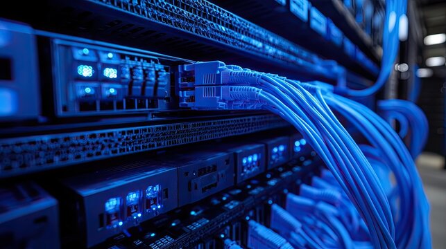 Digital Connections in Server Racks with Blue Tones, Highlighting Modern Data Centers, Cloud Services, and High-Tech Network Systems in a Contemporary IT Environment 