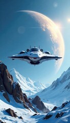 Futuristic spacecraft hovering above a snowy planet, spacecraft, planet