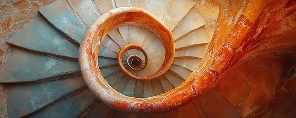 Obraz premium A mesmerizing spiral staircase captured from above, showcasing soft pastel colors and elegant design.