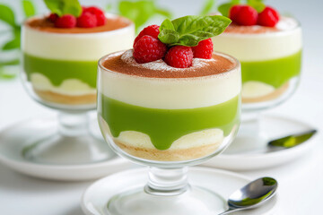 Elegant layered desserts topped with raspberries and cocoa powder in glass cups on a white background.