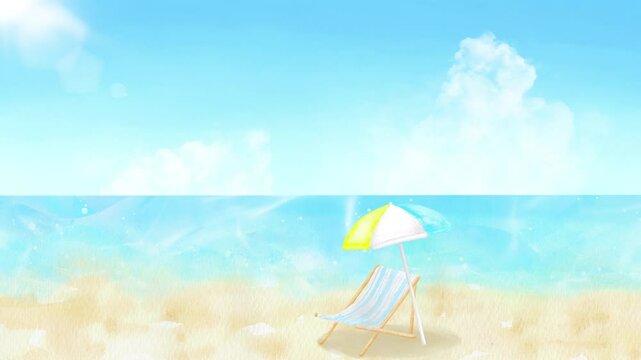 誰もいない砂浜にビーチチェアとパラソルがセットされた風景。まぶしい太陽と打ち寄せる波が夏のリラックスした雰囲気を醸し出すループアニメーション。	