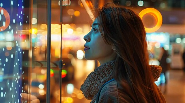 Night City Dream: A Woman Gazing at a Luminous Shop Window