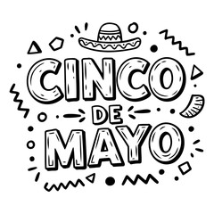 Bold, stylized Cinco de Mayo text graphic with sombrero and decorative elements. Ideal for advertising, social media posts, or educational materials.