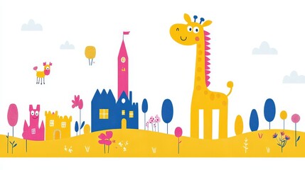 Obraz premium Playful Pixelated Landscape featuring a Giraffe Castle and Whimsical Elements perfect for Children's Illustrations and Digital Designs vibrant and engaging