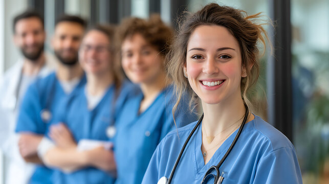 Group of healthcare professionals smiling in a modern clinic setting with natural light