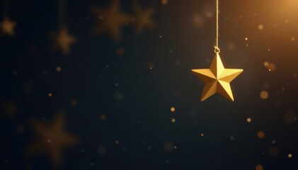 A single golden star suspended from a slender string against a deep black background with a gentle, soft focus and warm color tone, gold star, darkness, shine